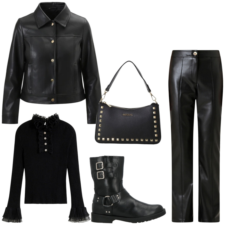 Outfit donna - Biker style. Stile Rock per Tutti i giorni. Abbinamento con maglieria, stivaletti, pantaloni, giacche, pochette.