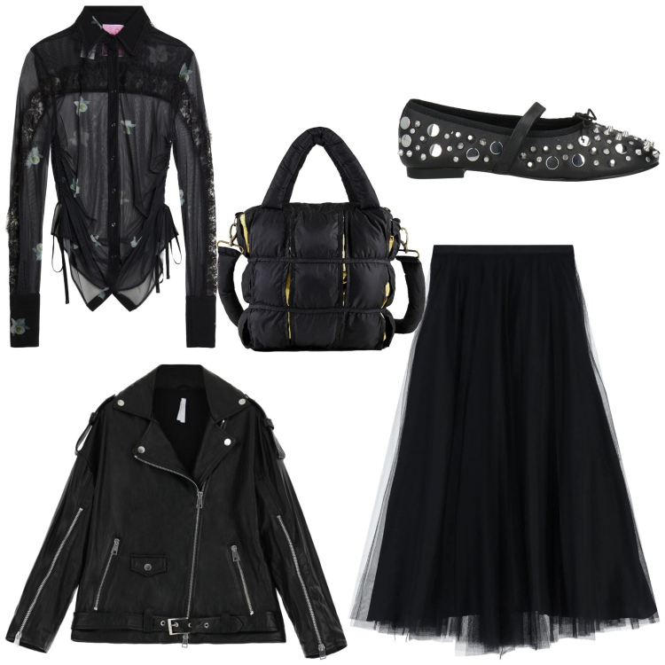 Outfit donna - Romantic rock. Stile Rock per Serata fuori. Abbinamento con camicie, ballerine, gonne lunghe, giacche, borse a mano.