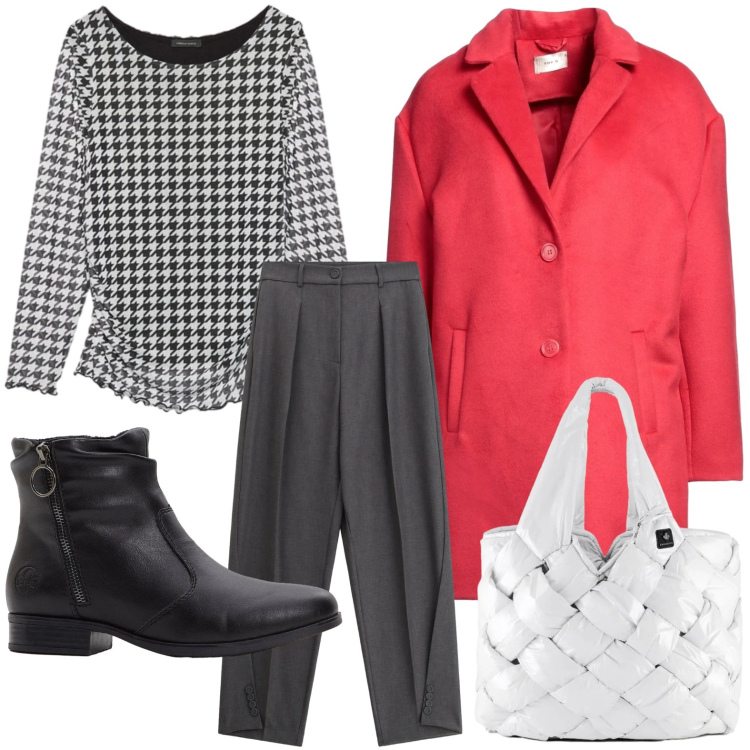 Outfit donna - La blusa pied de poule. Stile Bon Ton per Ufficio. Abbinamento con stivaletti, cappotti, pantaloni, borse tote, bluse.