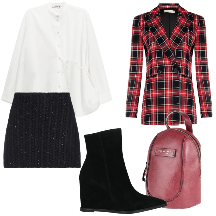 Outfit donna - Tartan in ufficio. Stile Urban per Ufficio. Abbinamento con minigonne, zaini, stivaletti, camicie, blazer.