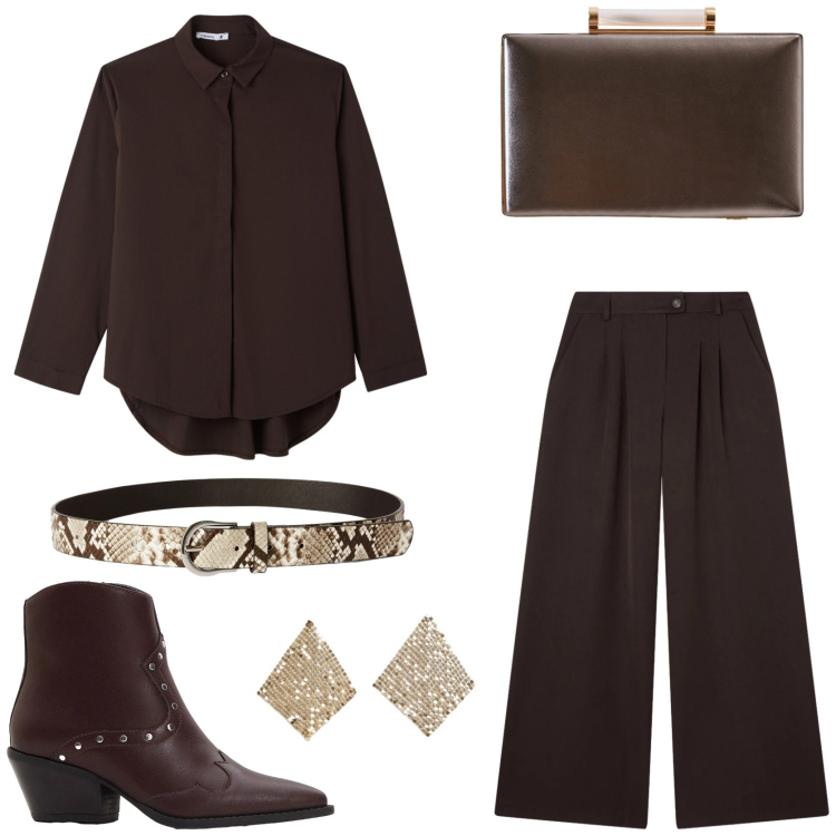 Outfit donna - Il completo pantalone. Stile Casual chic per Ufficio. Abbinamento con stivaletti texani, clutch, pantaloni, orecchini, cinture, camicie.