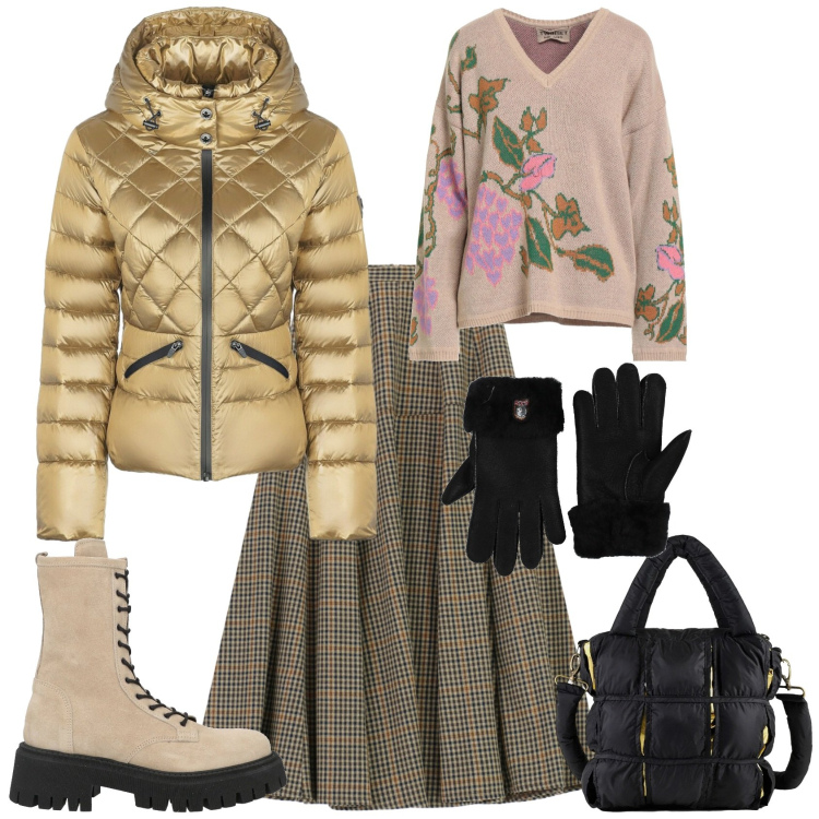 Outfit donna - Casual chic beige nero tartan. Stile Casual chic per Tutti i giorni. Abbinamento con stivaletti, pullovers, guanti, gonne lunghe, piumini, borse a mano.
