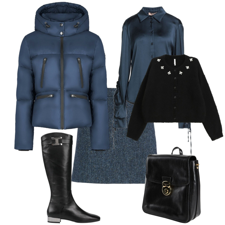Outfit donna - Casual chic avio nero ogni giorno. Stile Casual chic per Tutti i giorni. Abbinamento con stivali, minigonne, camicie, zaini, cardigans, piumini.