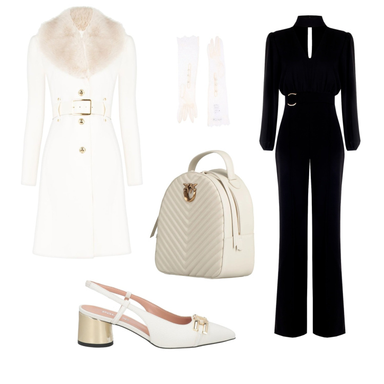 Outfit donna - Serata di Natale prima a teatro. Stile Chic per Serata fuori. Abbinamento con guanti, zaini, décolleté, tute, cappotti.