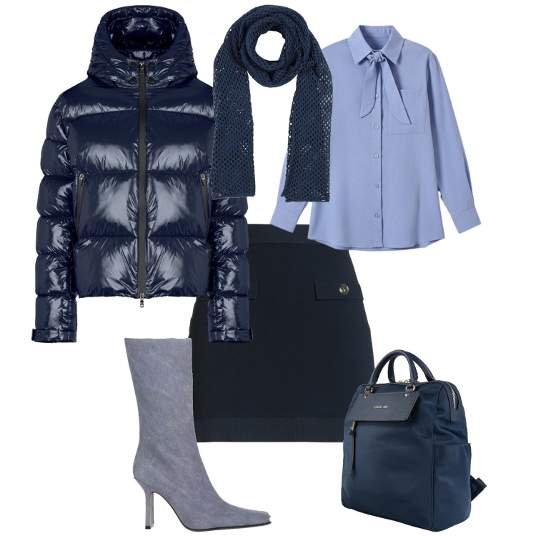 Outfit donna - Casual chic blu azzurro ufficio. Stile Casual chic per Ufficio. Abbinamento con stivali, minigonne, zaini, sciarpe, camicie, piumini.