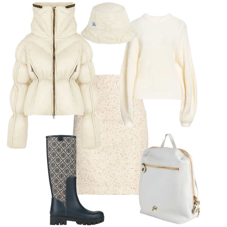 Outfit donna - Trendy bianco blu ogni giorno. Stile Trendy per Tutti i giorni. Abbinamento con zaini, stivali di gomma, minigonne, cappelli, pullovers, piumini.