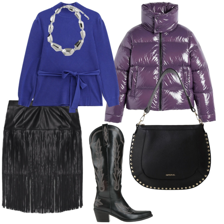 Outfit donna - Di giorno. per Tutti i giorni. Abbinamento con stivali, maglieria, borse a spalla, piumini, ciondoli, minigonne.