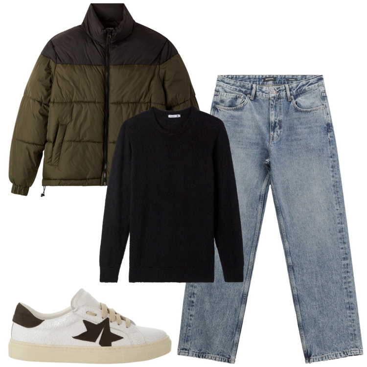 Outfit uomo - City. Stile Casual per Tutti i giorni. Abbinamento con bomber, maglieria, jeans dritti, sneakers.