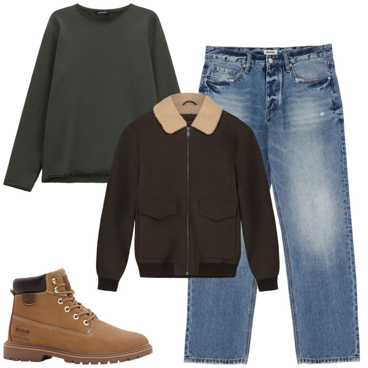 Outfit uomo - Total look #2308289. Stile Casual per Tutti i giorni. Abbinamento con stivali e stivaletti, jeans, felpe, bomber.