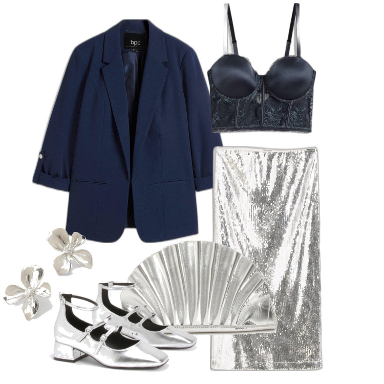 Outfit femme - Décembre. Style Glamour pour Soirée dehors. Assortir avec blazers, jupes au genou, robes longues, boucles d'oreilles, pochette, escarpins.