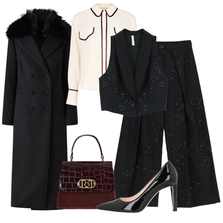 Outfit donna - Brillare con discrezione. Stile Glamour per Serata fuori. Abbinamento con décolleté, cappotti, camicie, borse a mano, pantaloni a palazzo, gilet.