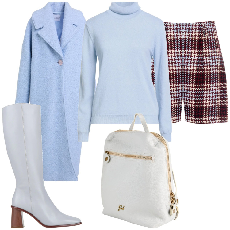 Outfit donna - Inverno polvere. Stile Glamour per Tutti i giorni. Abbinamento con cappotti, zaini, maglieria, stivali, shorts.