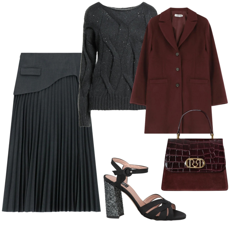 Outfit donna - Festa. per Serata fuori. Abbinamento con pullovers, sandali col tacco, cappotti, borse a mano, gonne lunghe.