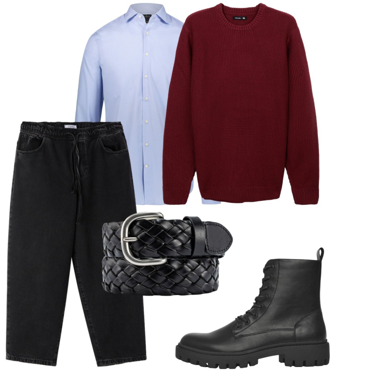 Outfit uomo - Brindisi. per Serata speciale. Abbinamento con anfibi, maglieria, jeans dritti, camicie, cinture.