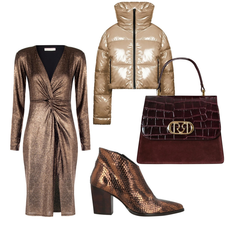 Outfit donna - Toni dorati. Stile Minimal per Serata fuori. Abbinamento con stivaletti, borse a mano, vestiti a tubino, piumini.