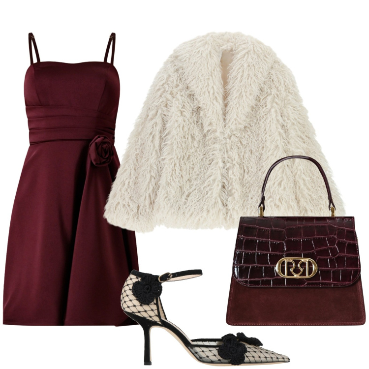 Outfit donna - Eleganza al cenone. Stile Glamour per Serata fuori. Abbinamento con décolleté, vestiti corti, borse a mano, ecopellicce.