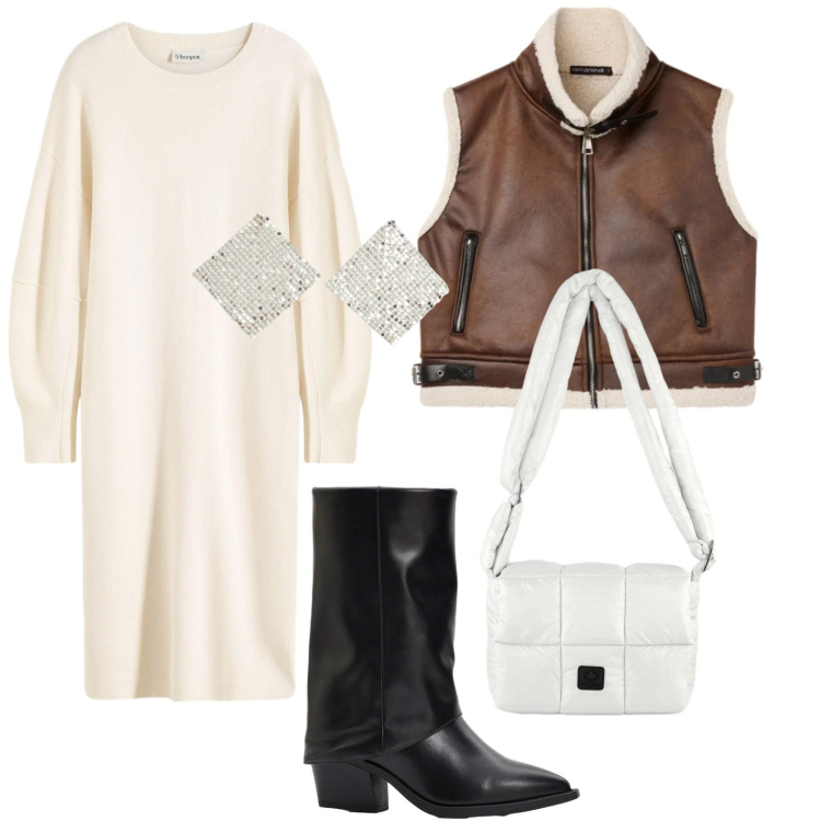 Outfit donna - La magia della lana. Stile Urban per Tutti i giorni. Abbinamento con vestiti, stivali, piumini, orecchini, borse a spalla.