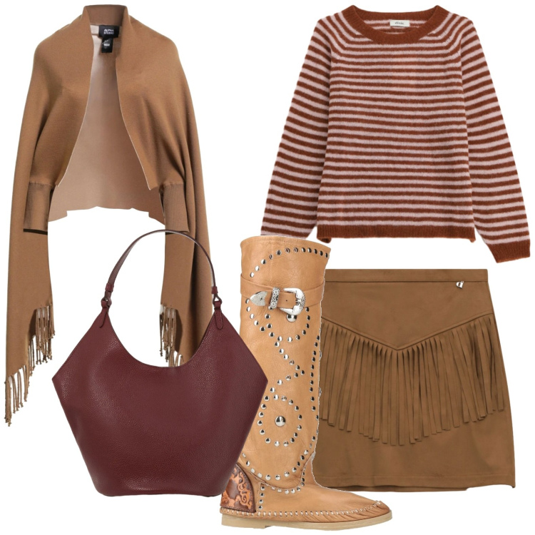 Outfit donna - Operazione frange. Stile Casual per Tutti i giorni. Abbinamento con cappe, stivali, minigonne, maglieria, borse a spalla.