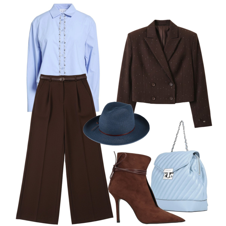 Outfit donna - Azzurro e cioccolato glam. Stile Glamour per Tutti i giorni. Abbinamento con zaini, stivaletti, cappelli, camicie, pantaloni a palazzo, blazer.