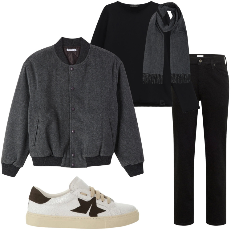 Outfit uomo - Dicembre. Stile Urban per Tutti i giorni. Abbinamento con jeans dritti, bomber, felpe, sneakers, sciarpe.