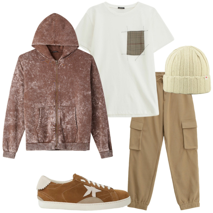 Outfit uomo - Con gli amici. Stile Casual per Tutti i giorni. Abbinamento con felpe con cappuccio, pantaloni cargo, t-shirt, sneakers, berretti.