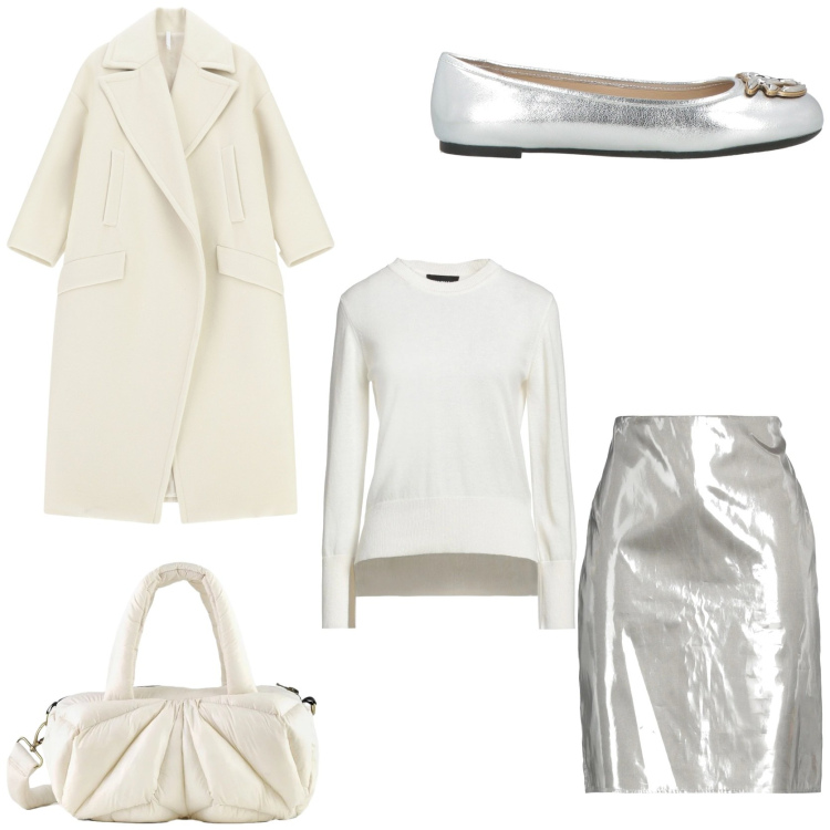 Outfit donna - Argento da capo a piedi. Stile Glamour per Serata fuori. Abbinamento con pullovers, minigonne, ballerine, cappotti, borse a mano.