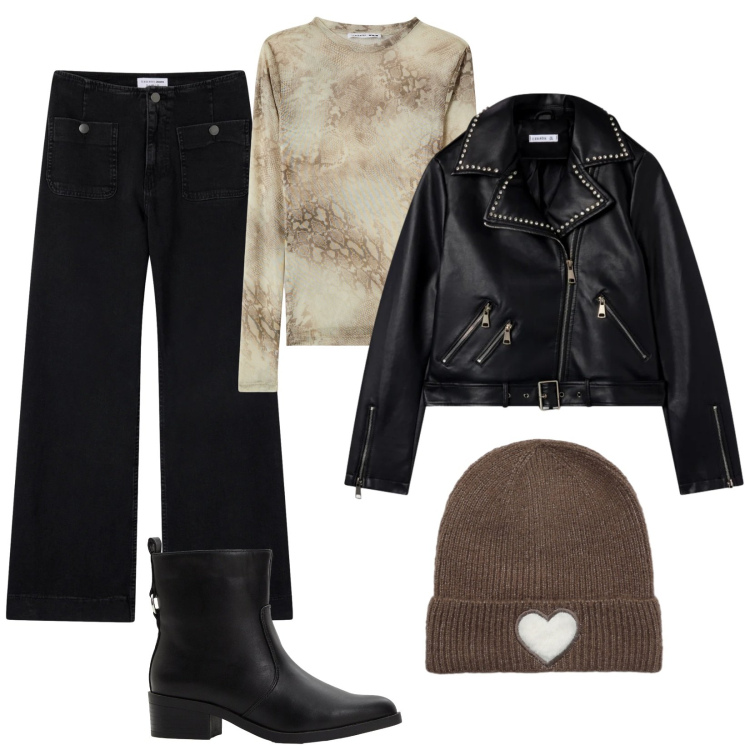 Outfit donna - Un dolce berretto. Stile Rock per Tutti i giorni. Abbinamento con stivaletti, maglieria, jeans, berretti, giacche.