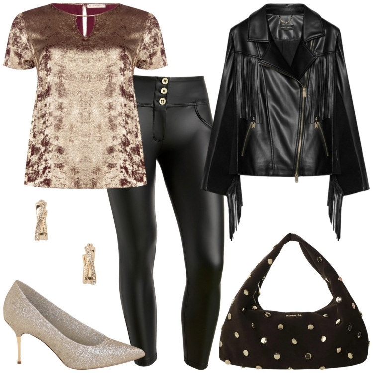 Outfit donna - Capodanno in oro. Stile Casual chic per Serata fuori. Abbinamento con bluse, décolleté, borse a spalla, pantaloni skinny, orecchini, giacche.