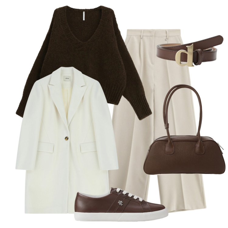 Outfit donna - Trendy in città. Stile Trendy per Tutti i giorni. Abbinamento con maglieria, cappotti, cinture, borse a mano, pantaloni, sneakers.