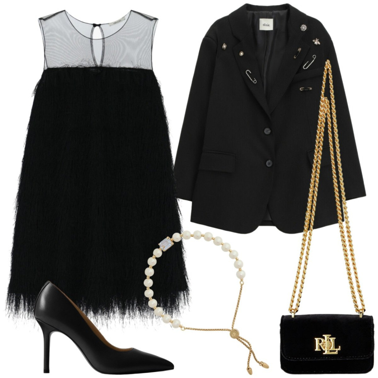 Outfit donna - Un Capodanno elegante. Stile Glamour per Serata fuori. Abbinamento con vestiti corti, blazer, braccialetti, pochette, décolleté.