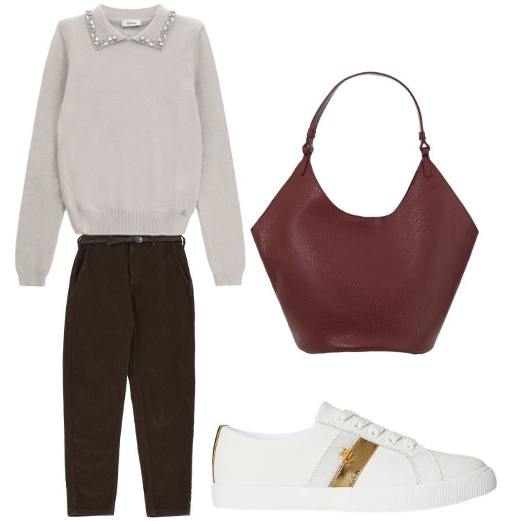 Outfit donna - Aperitivo. Stile Trendy per Tutti i giorni. Abbinamento con pantaloni chino, sneakers, borse a spalla, maglieria.