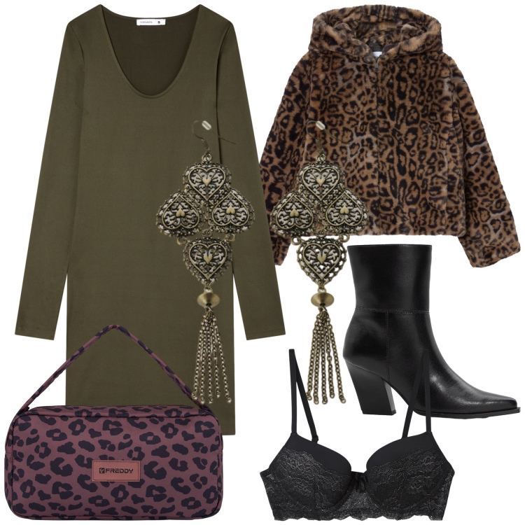 Outfit donna - Natale al ristorante. Stile Glamour per Serata fuori. Abbinamento con stivaletti, vestiti, ecopellicce, reggiseni push-up, borse a spalla, orecchini.