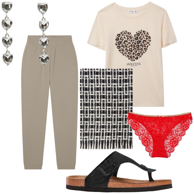 Outfit donna - Natale d amore a casa. Stile Basic per Tutti i giorni. Abbinamento con infradito, culotte, t-shirt, orecchini, pantaloni, sciarpe.