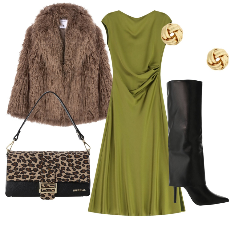 Outfit donna - Elegantissima a Natale. Stile Glamour per Serata fuori. Abbinamento con ecopellicce, vestiti lunghi, borse a spalla, stivali, orecchini.