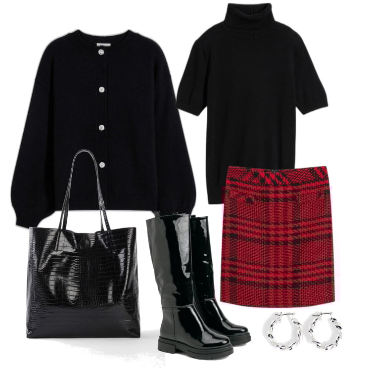 Outfit femme - Décembre. Style Preppy pour Tous les jours. Assortir avec jupes, pulls, pulls, boucles d'oreilles, sac cabas, cuissardes.