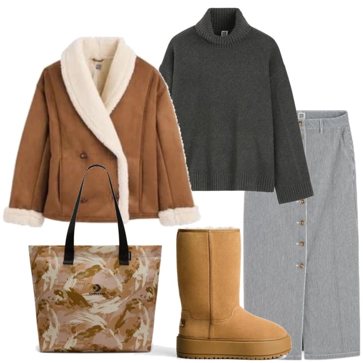 Outfit mujer - Casual #13890. Estilo Casual para Todos los días. Combinación con minifaldas, abrigos, bolso tote, prendas de punto, botas.