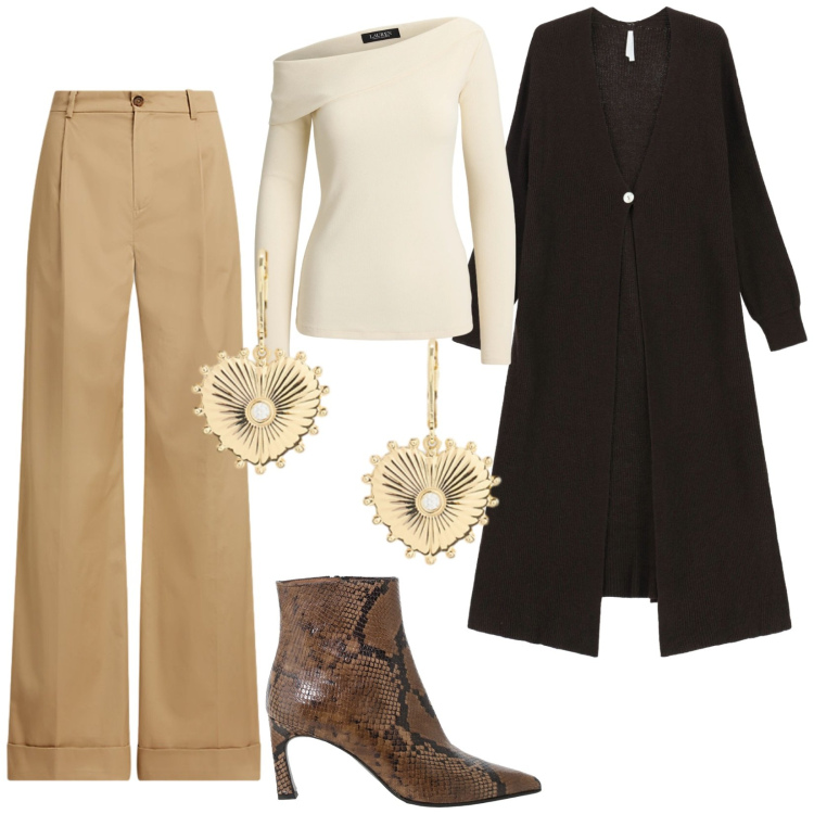 Outfit donna - Un lungo cardigan. Stile Bon Ton per Tutti i giorni. Abbinamento con cardigans, stivaletti, pantaloni, top, orecchini.