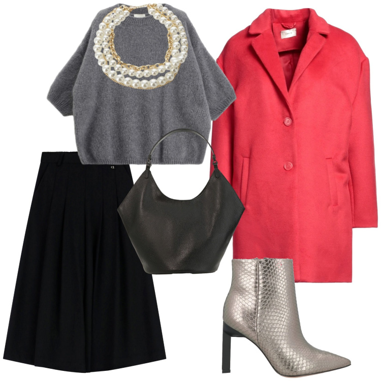 Outfit donna - Buon natale. per Serata fuori. Abbinamento con cappotti, stivaletti, collane, maglieria, borse a spalla, pantaloni a palazzo.