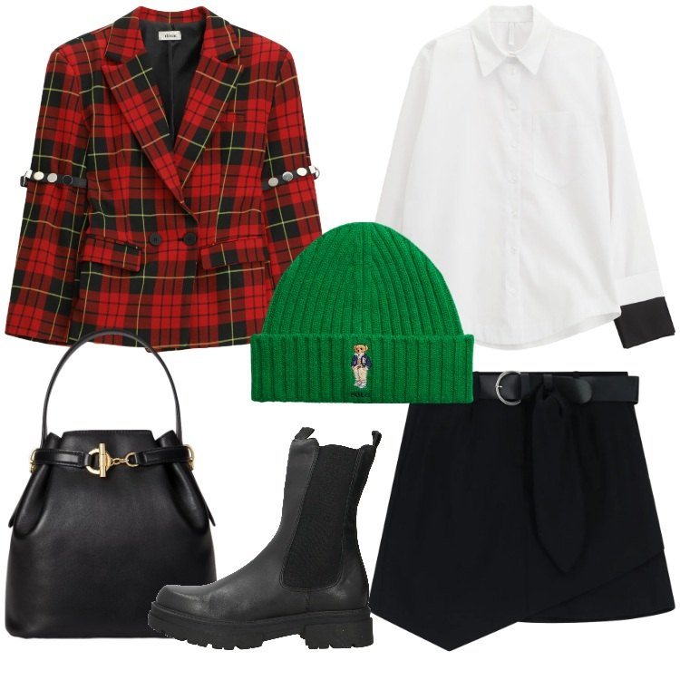 Outfit donna - Happy Christmas. Stile Urban per Tutti i giorni. Abbinamento con stivaletti, camicie, minigonne, blazer, berretti, borse a secchiello.