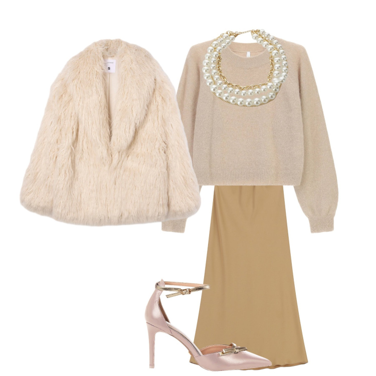 Outfit donna - Christmas day. Stile Casual chic per Serata fuori. Abbinamento con ecopellicce, maglieria, gonne lunghe, collane, décolleté.