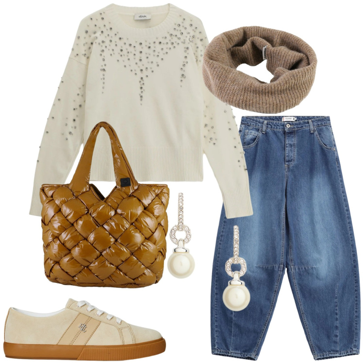 Outfit donna - Total look #2308630. Stile Casual chic per Tutti i giorni. Abbinamento con jeans, maglieria, scaldacollo, borse tote, sneakers, orecchini.