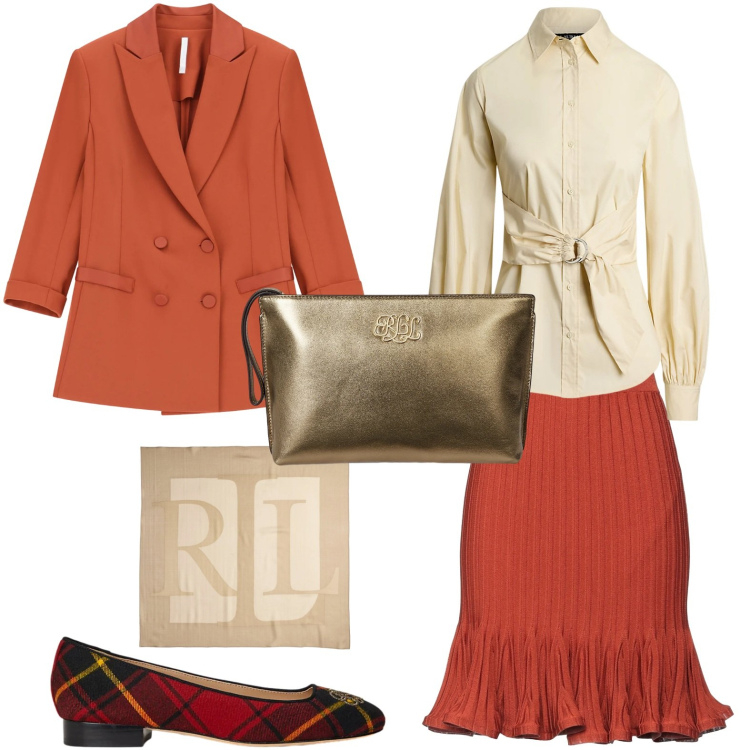 Outfit donna - Guardaroba festivo. Stile Minimal per Serata fuori. Abbinamento con minigonne, blazer, camicie, ballerine, pochette, sciarpe.