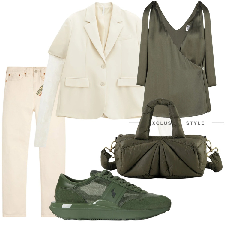 Outfit donna - Casual style. Stile Military per Ufficio. Abbinamento con top, blazer, borse a mano, jeans dritti, sneakers.