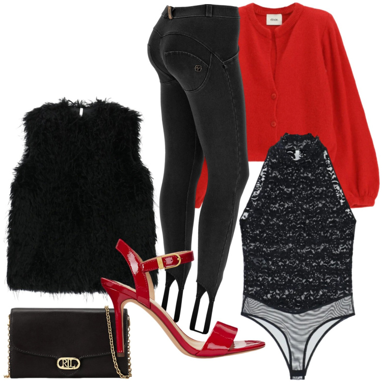 Outfit donna - Party festivo. Stile Glamour per Serata fuori. Abbinamento con piumini, top, jeggings, cardigans, sandali col tacco, borse a tracolla.