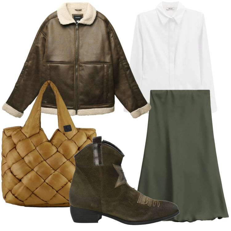 Outfit donna - Mix di capi preferiti. Stile Trendy per Tutti i giorni. Abbinamento con stivaletti texani, giacche, camicie, gonne lunghe, borse tote.