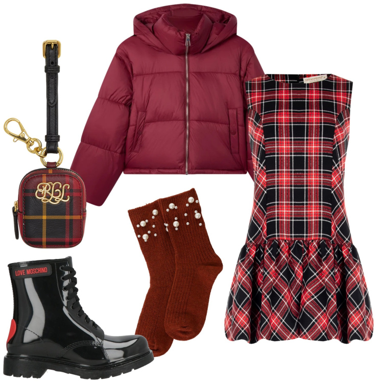 Outfit donna - Total look #2308643. Stile Trendy per Serata fuori. Abbinamento con stivaletti, vestiti senza maniche, bomber, calzini, pochette.