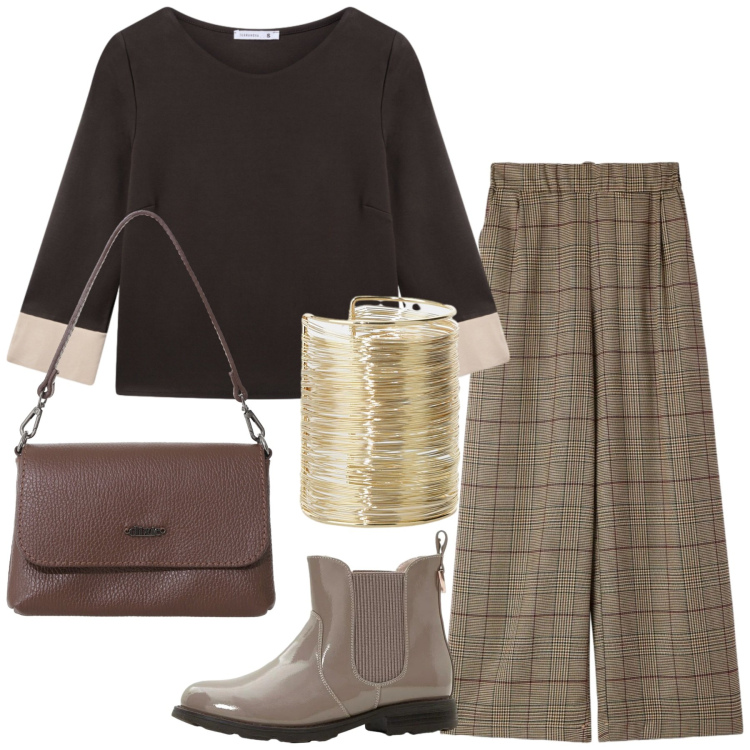 Outfit donna - Total look #2308645. Stile Minimal per Tutti i giorni. Abbinamento con stivaletti chelsea, t-shirt, pantaloni, braccialetti, borse a tracolla.