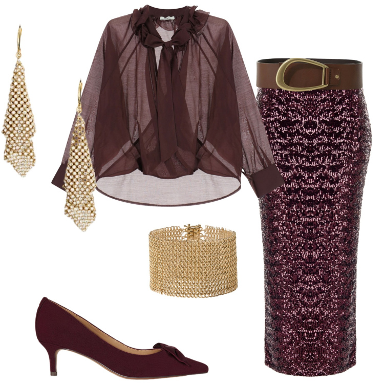 Outfit donna - Toni dorati. Stile Chic per Serata fuori. Abbinamento con gonne longuette, bluse, cinture, décolleté, braccialetti, orecchini.