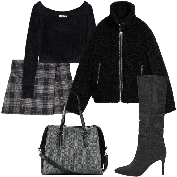 Outfit donna - Minigonna a quadri. Stile Bon Ton per Serata fuori. Abbinamento con ecopellicce, borse a mano, minigonne, stivali, maglieria.