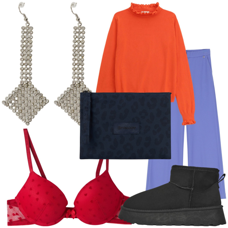 Outfit donna - Un Natale alternativo. Stile Trendy per Tutti i giorni. Abbinamento con reggiseni push-up, stivaletti, clutch, pantaloni, maglieria, orecchini.
